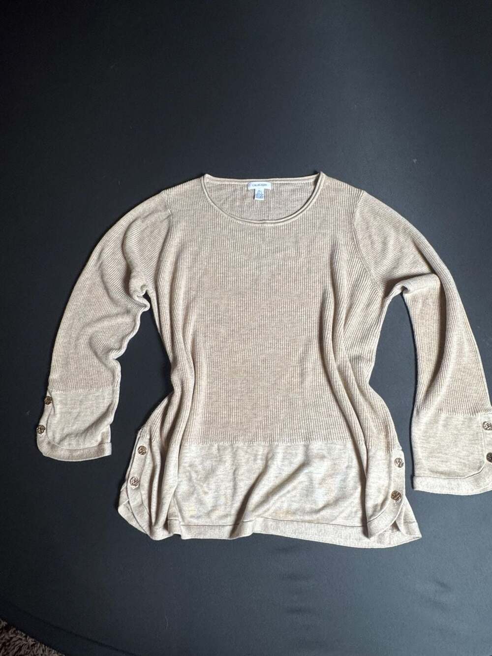 Calvin Klein Ribbed Tunic Sweater Size XL Tan Gold Button Details